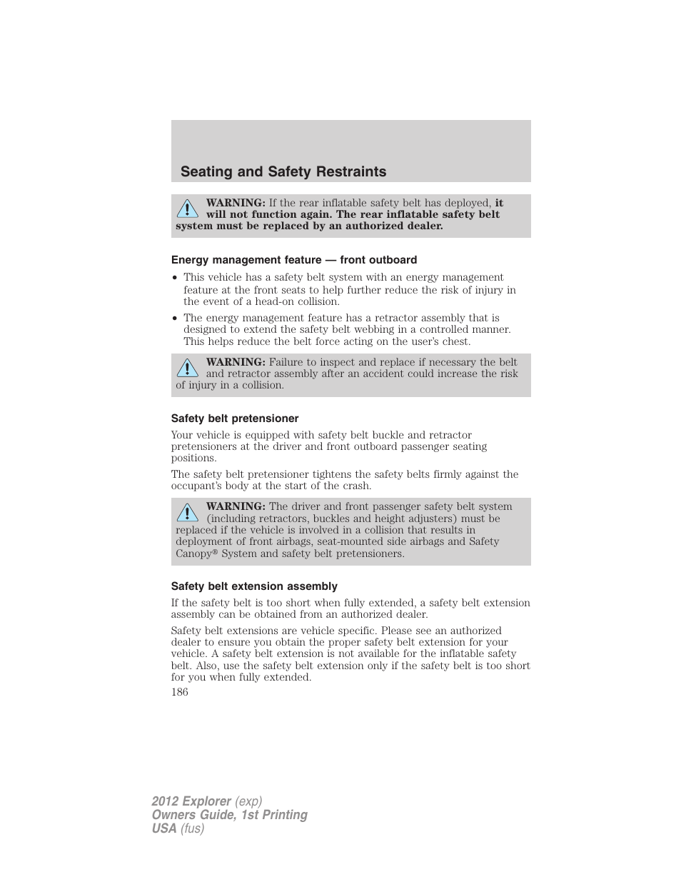 Energy management feature — front outboard, Safety belt pretensioner, Safety belt extension assembly | Seating and safety restraints | FORD 2012 Explorer v.1 User Manual | Page 186 / 439