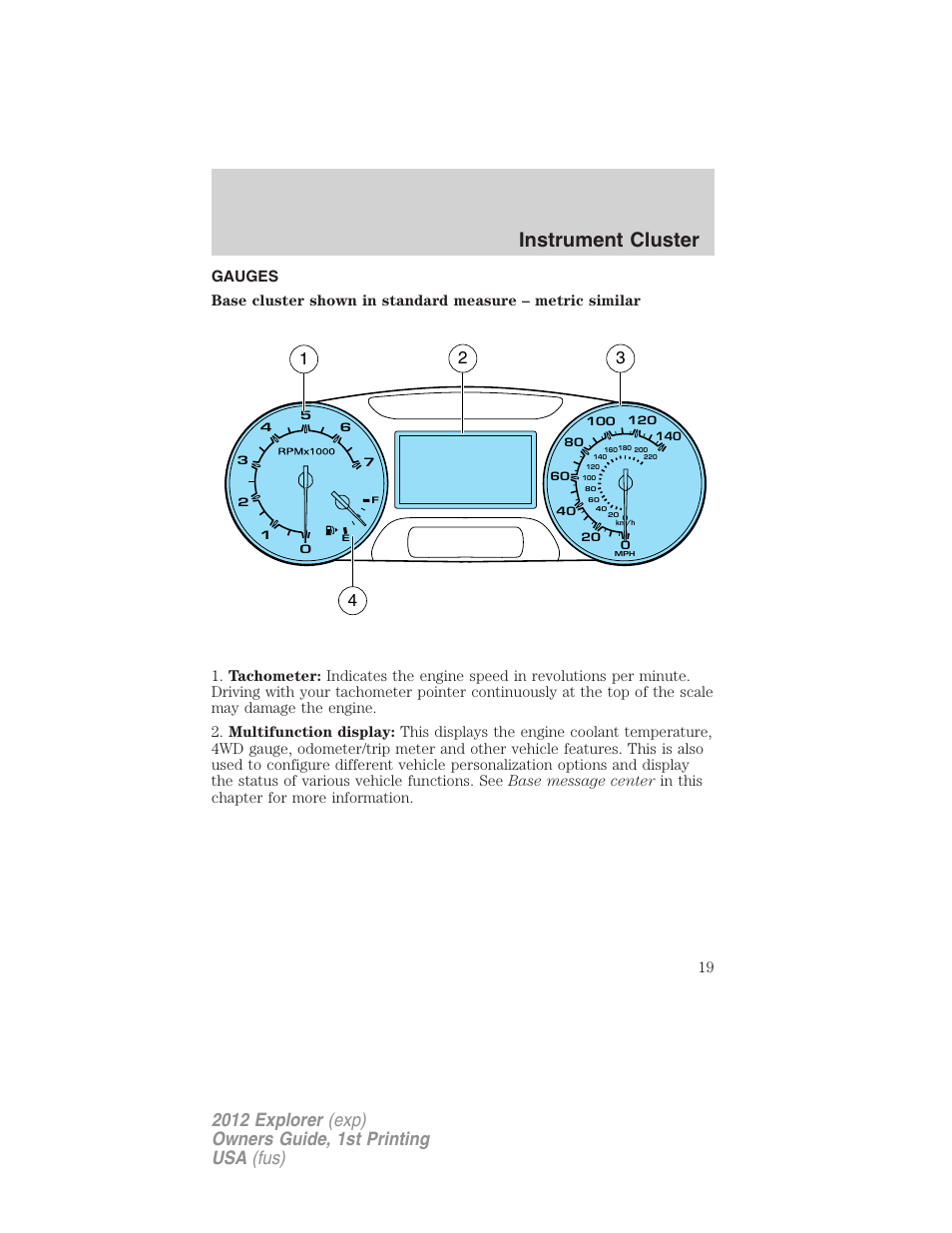 Gauges, Instrument cluster | FORD 2012 Explorer v.1 User Manual | Page 19 / 439