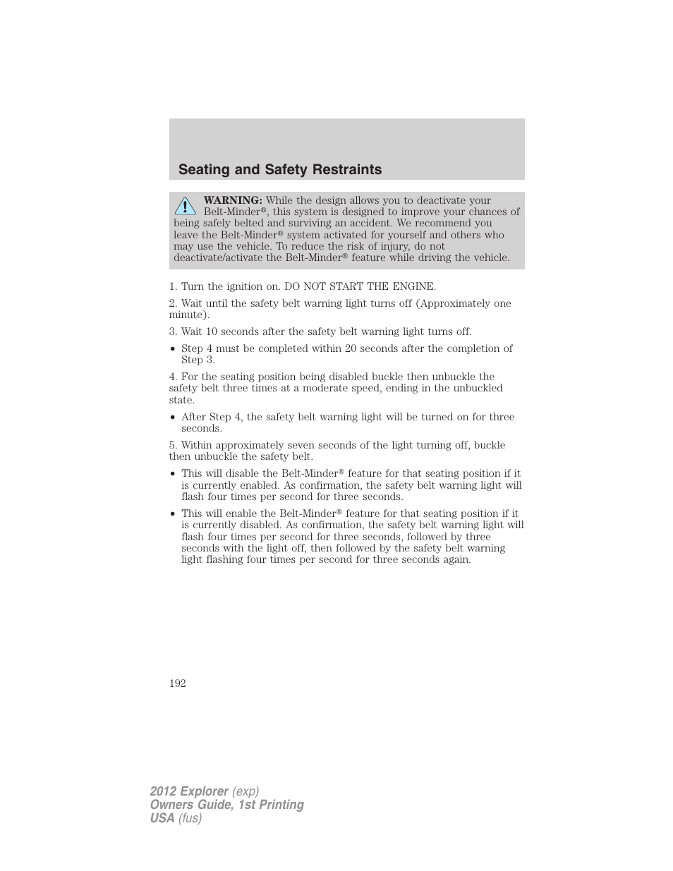 Seating and safety restraints | FORD 2012 Explorer v.1 User Manual | Page 192 / 439