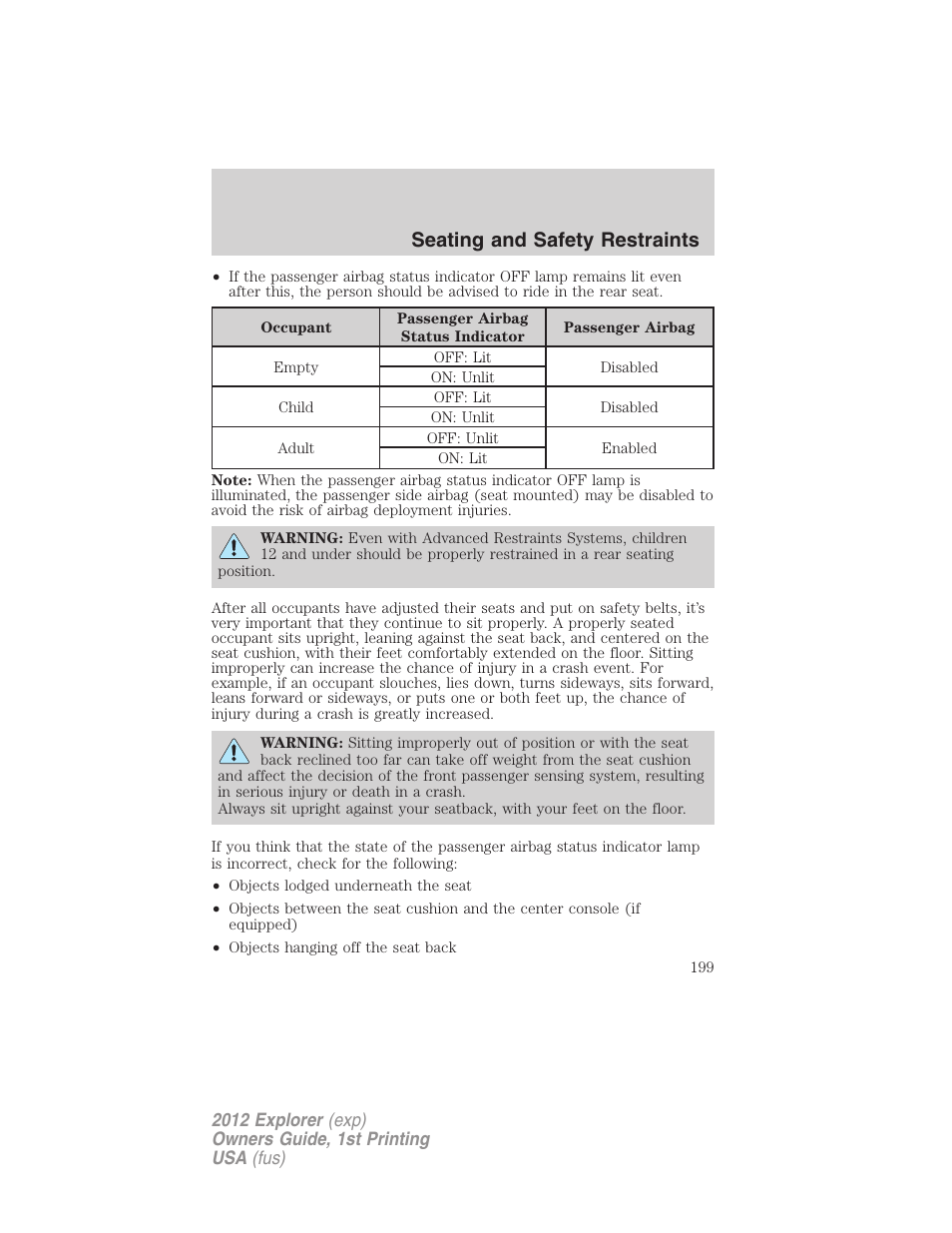 Seating and safety restraints | FORD 2012 Explorer v.1 User Manual | Page 199 / 439