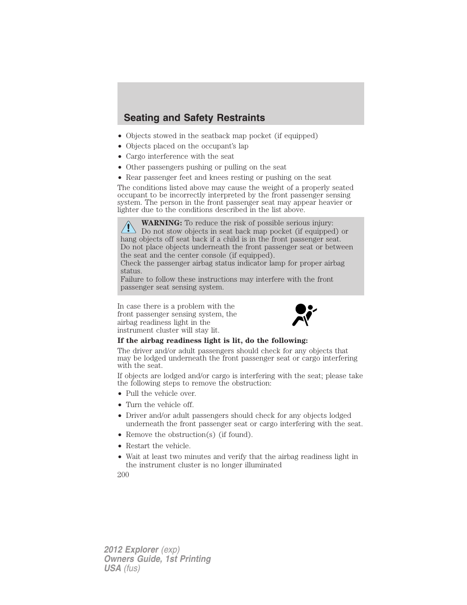 Seating and safety restraints | FORD 2012 Explorer v.1 User Manual | Page 200 / 439