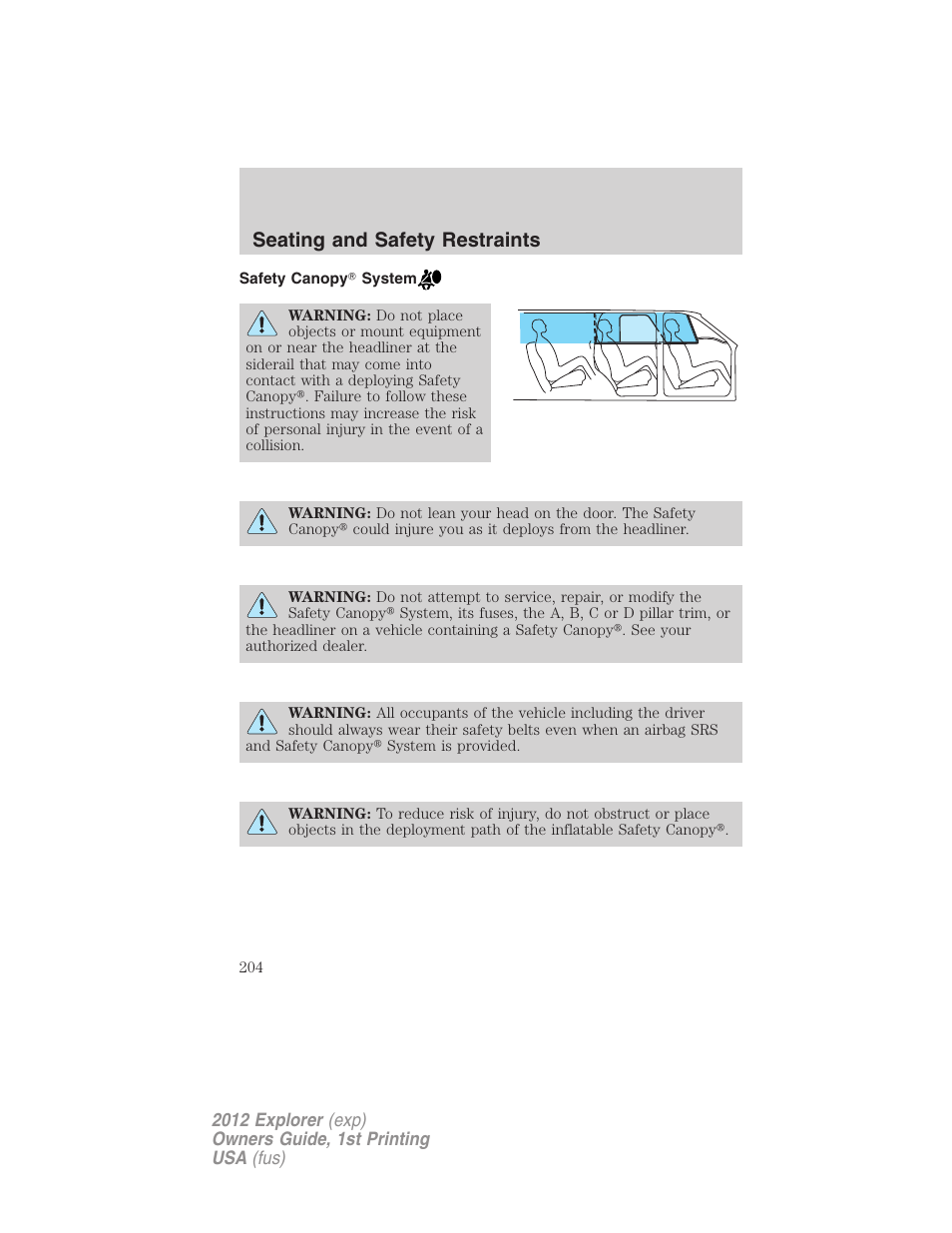 Safety canopy system, Seating and safety restraints | FORD 2012 Explorer v.1 User Manual | Page 204 / 439