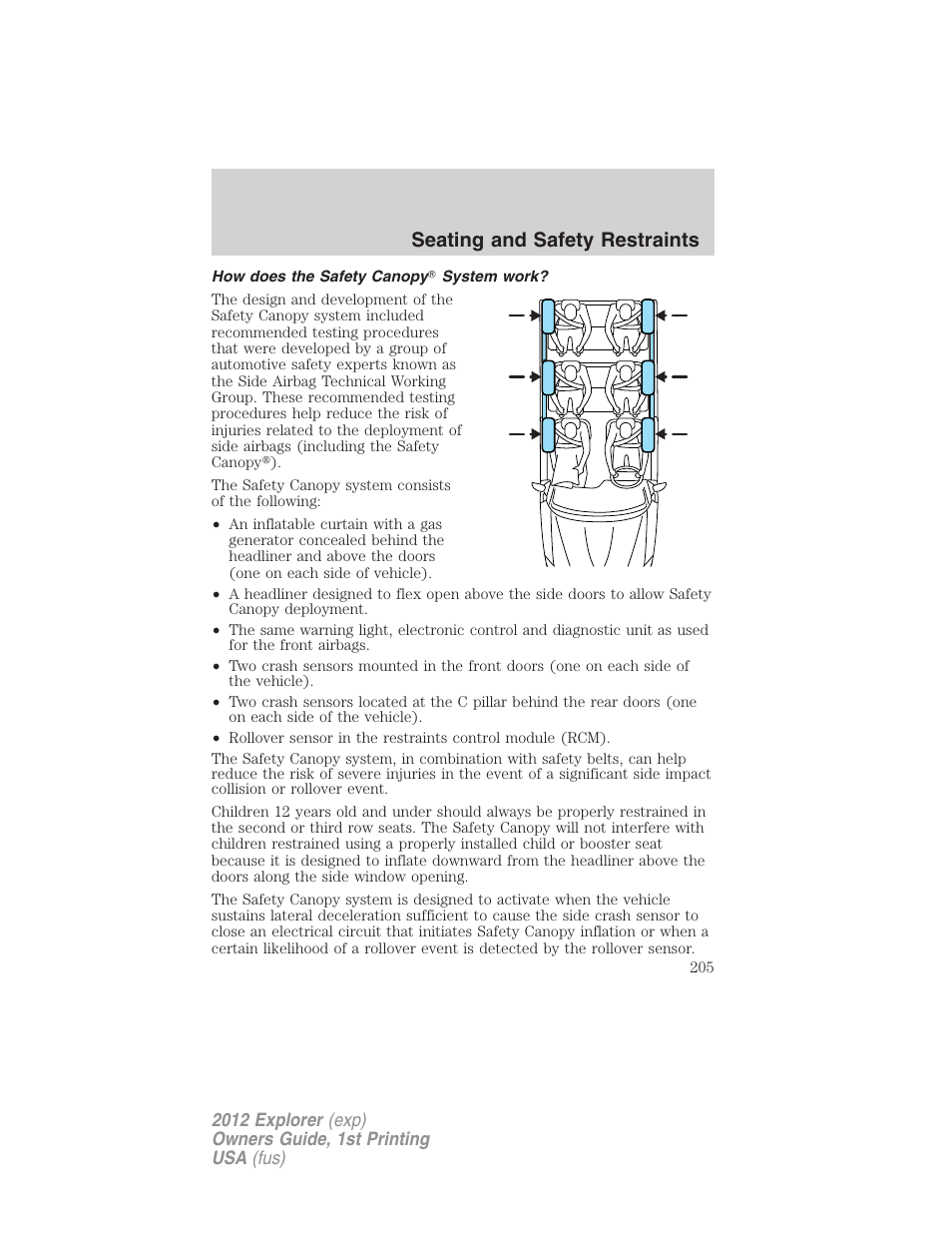 How does the safety canopy system work, Seating and safety restraints | FORD 2012 Explorer v.1 User Manual | Page 205 / 439