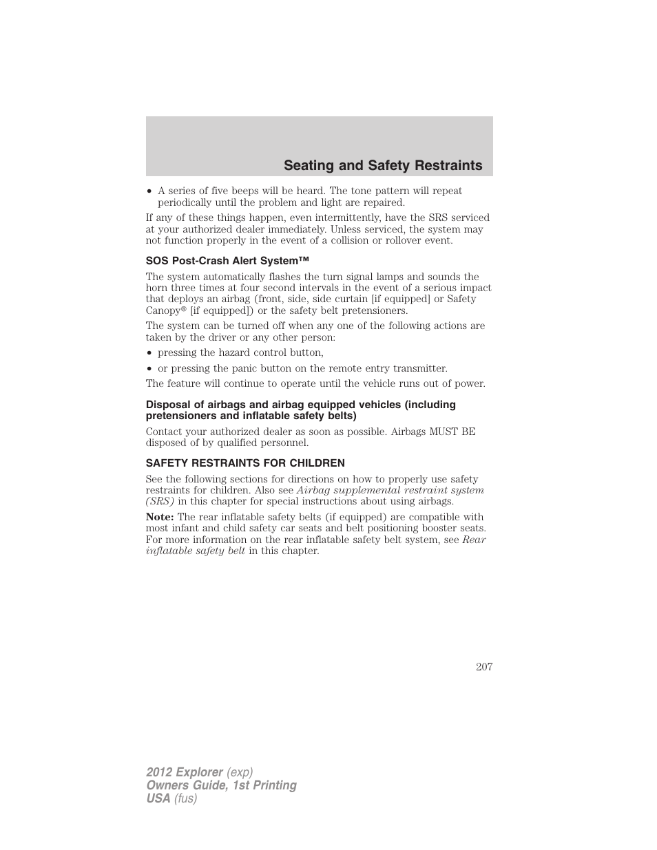 Sos post-crash alert system, Safety restraints for children, Child restraints | Seating and safety restraints | FORD 2012 Explorer v.1 User Manual | Page 207 / 439