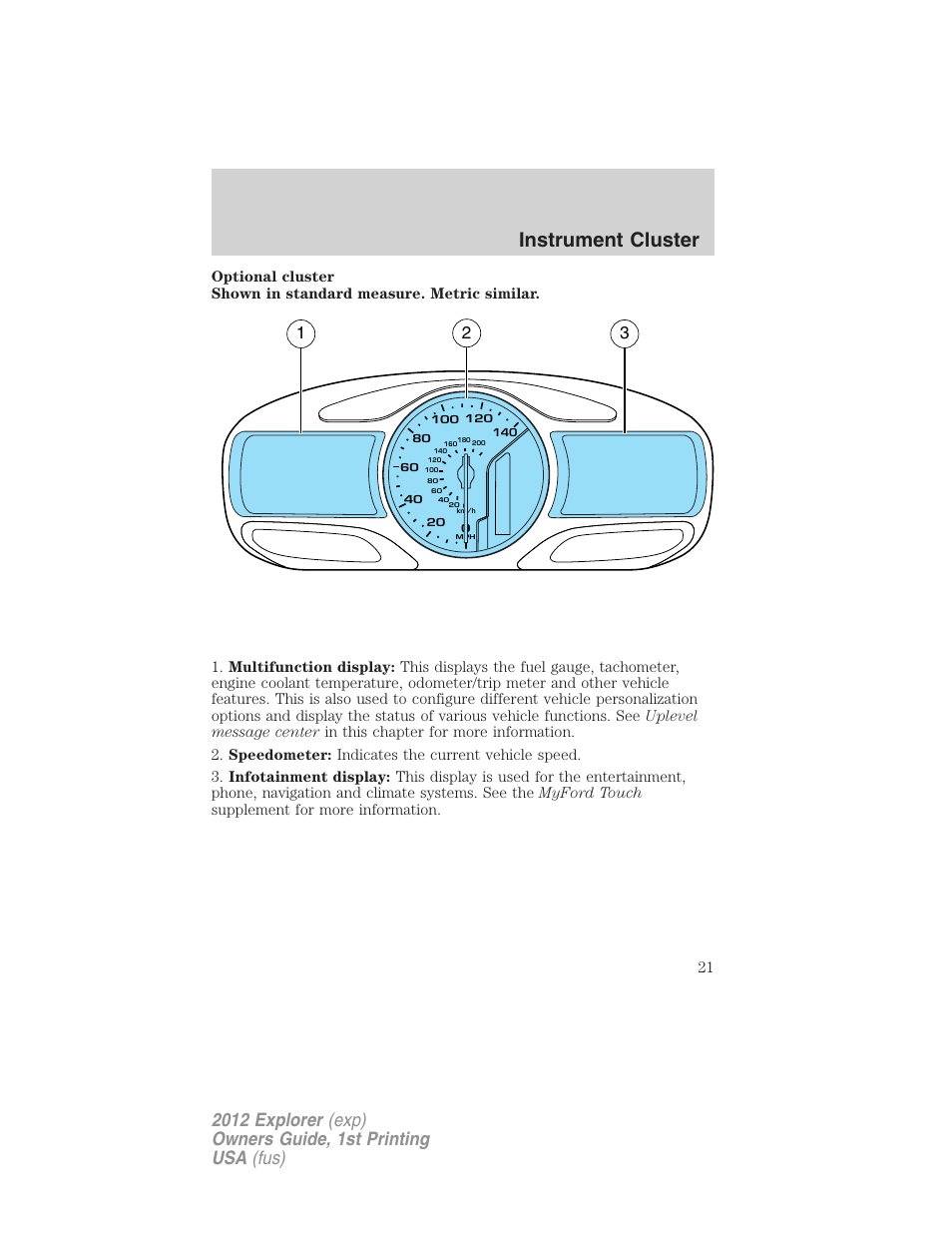 Instrument cluster | FORD 2012 Explorer v.1 User Manual | Page 21 / 439