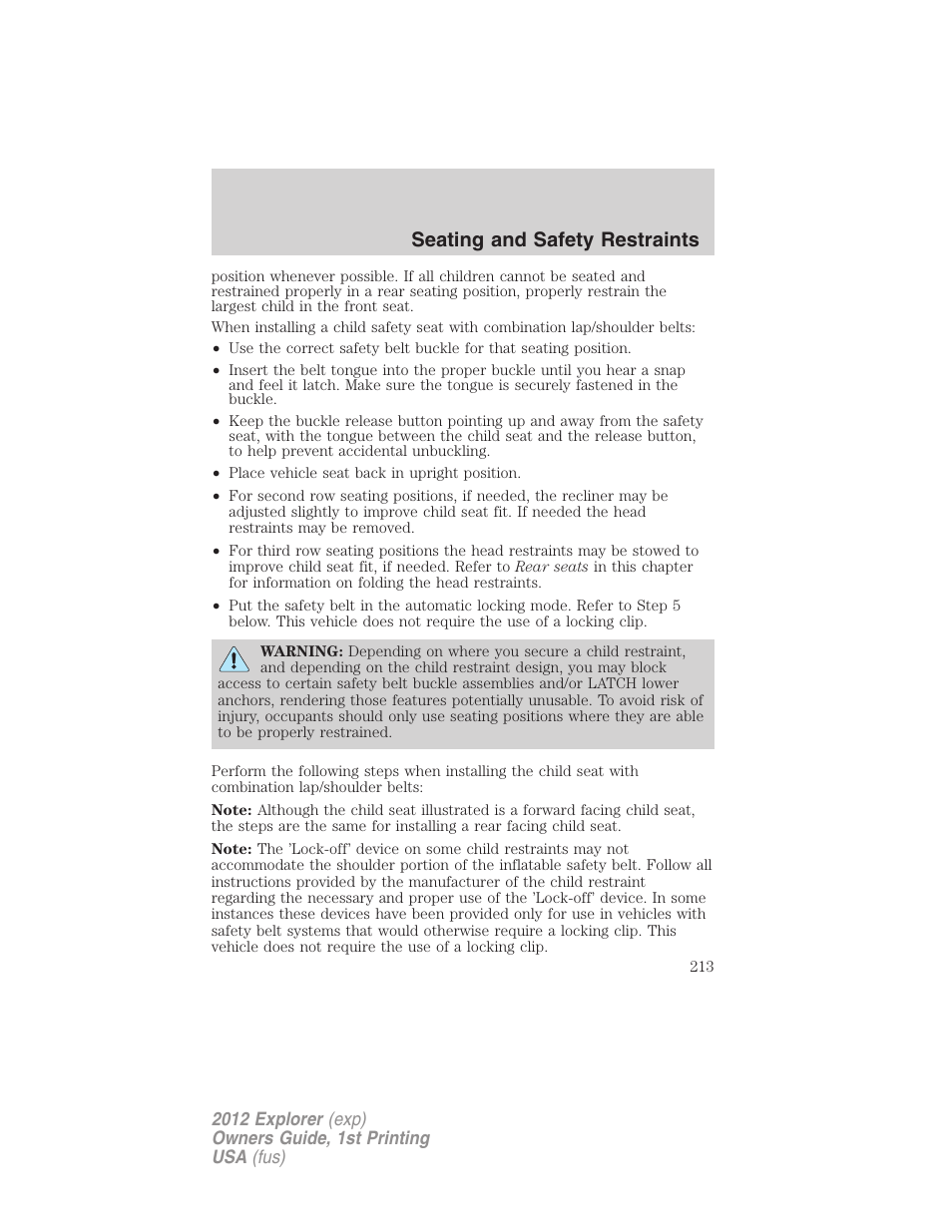 Seating and safety restraints | FORD 2012 Explorer v.1 User Manual | Page 213 / 439