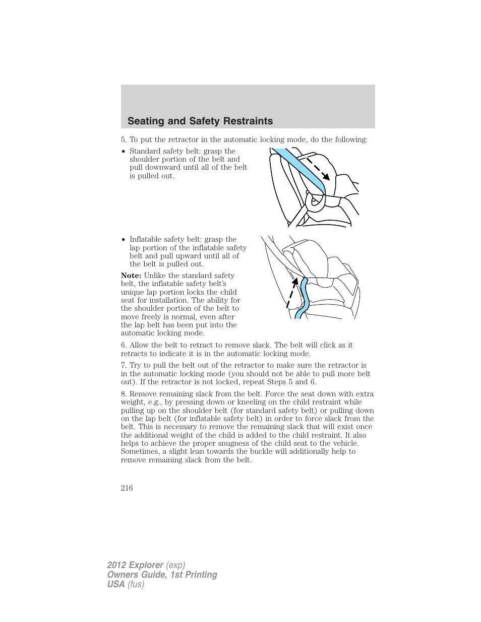 Seating and safety restraints | FORD 2012 Explorer v.1 User Manual | Page 216 / 439