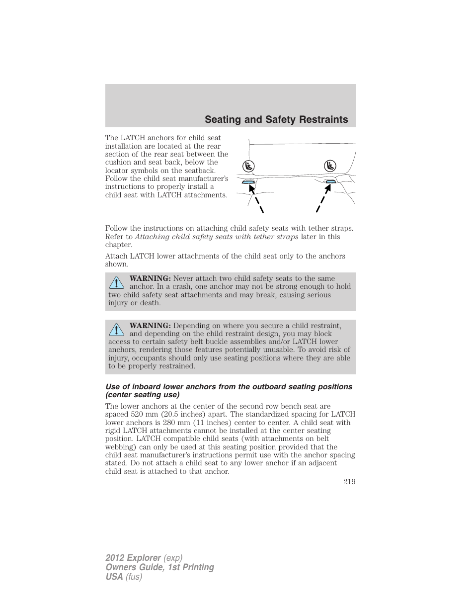 Seating and safety restraints | FORD 2012 Explorer v.1 User Manual | Page 219 / 439