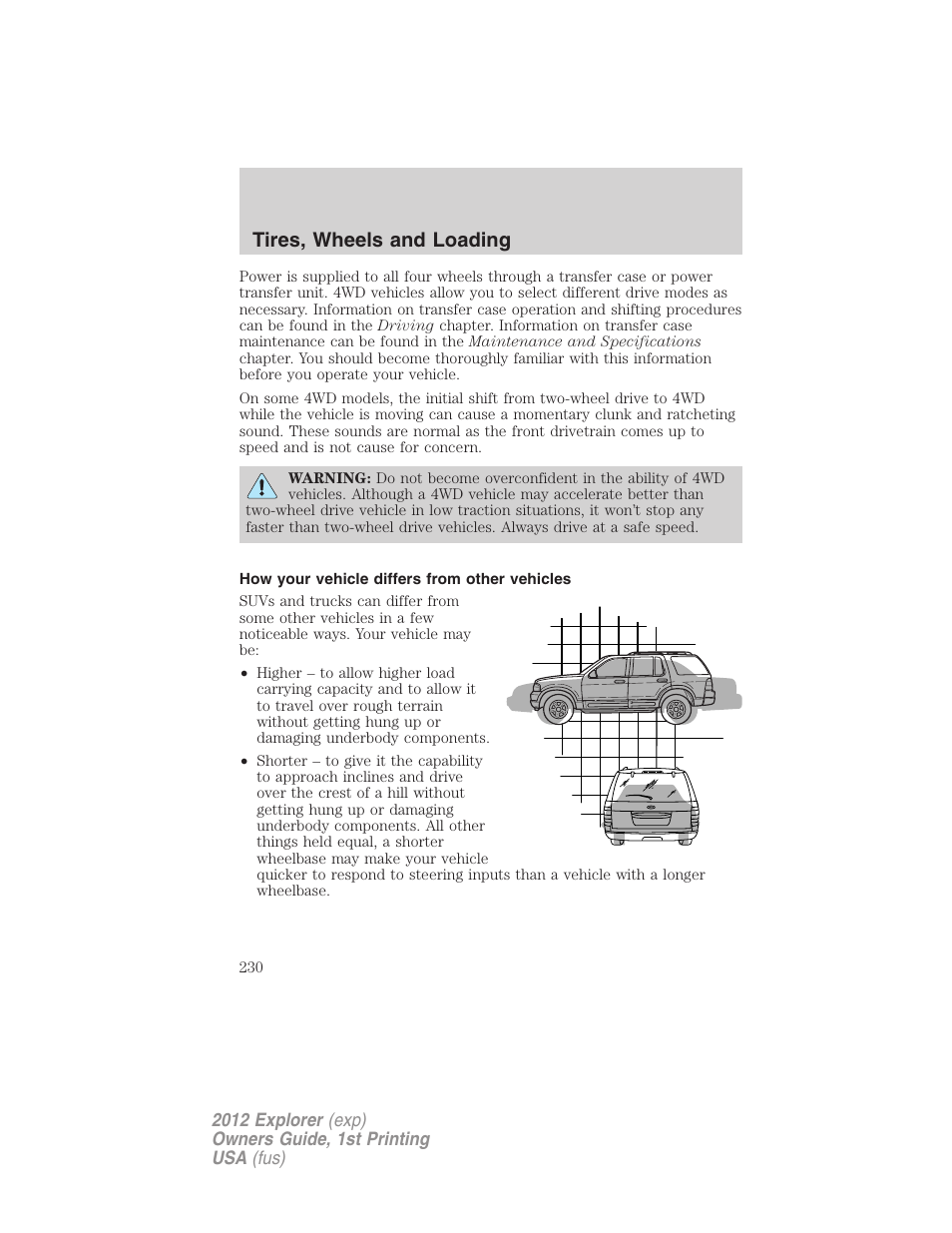 How your vehicle differs from other vehicles, Tires, wheels and loading | FORD 2012 Explorer v.1 User Manual | Page 230 / 439