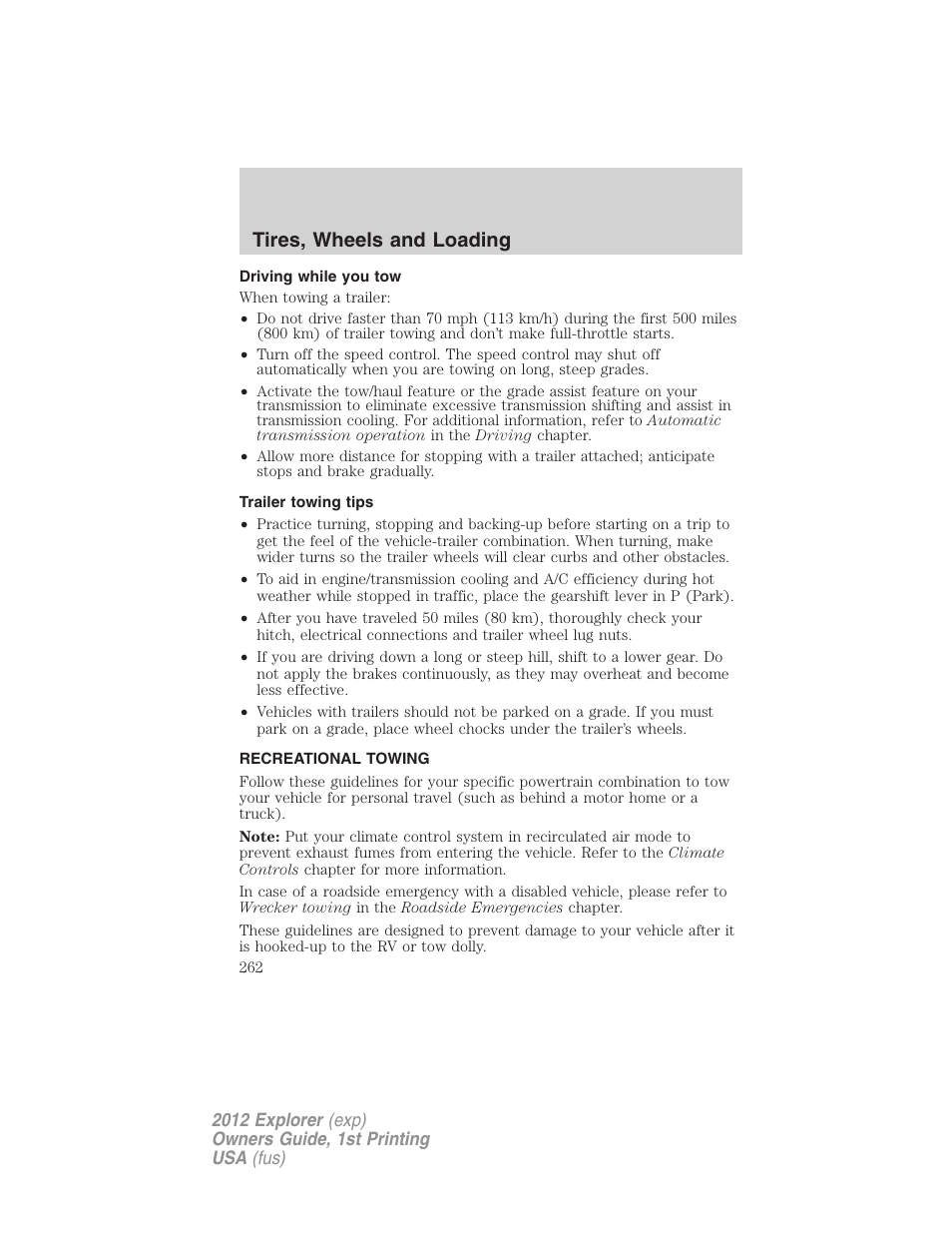 Driving while you tow, Trailer towing tips, Recreational towing | Tires, wheels and loading | FORD 2012 Explorer v.1 User Manual | Page 262 / 439