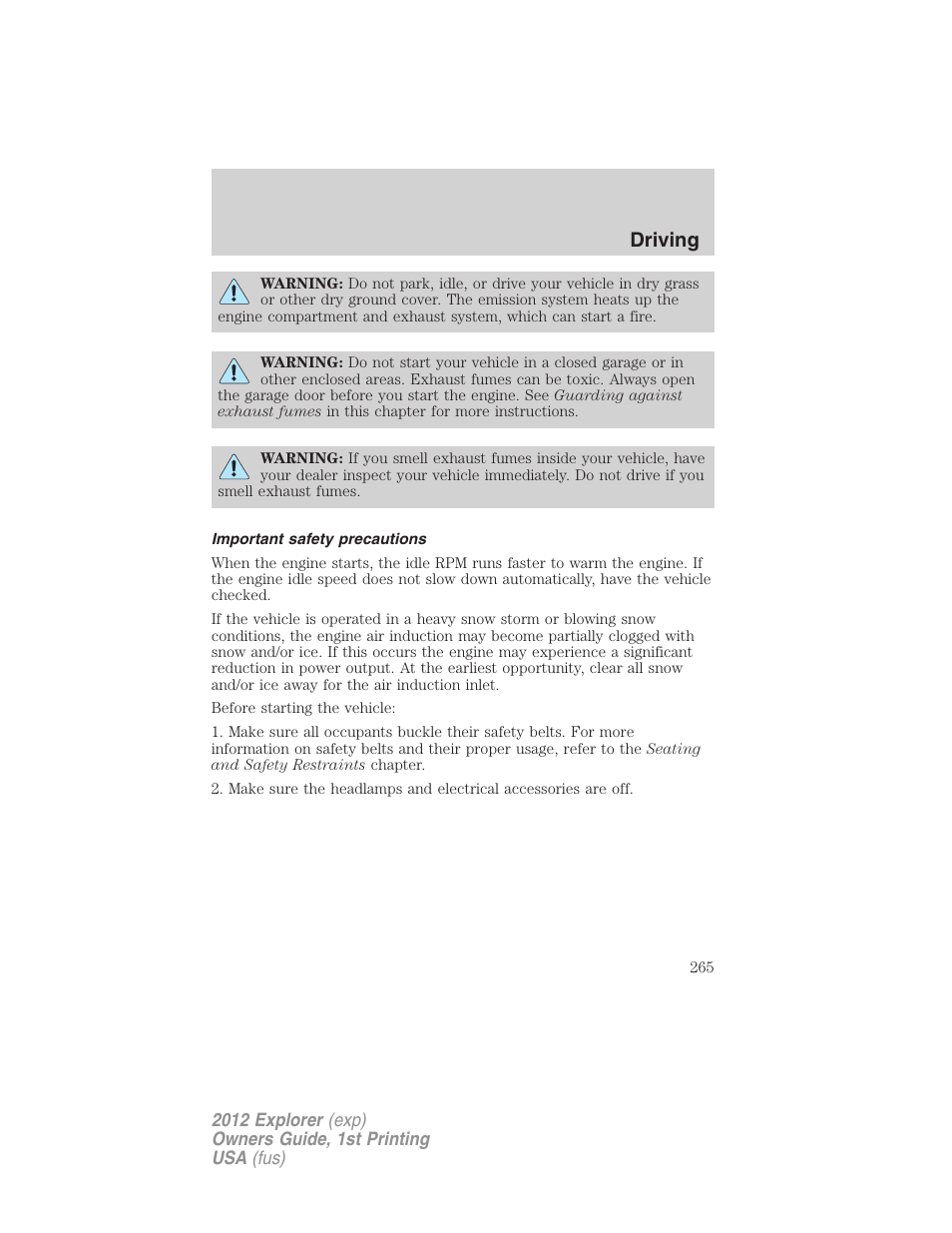 Important safety precautions, Driving | FORD 2012 Explorer v.1 User Manual | Page 265 / 439