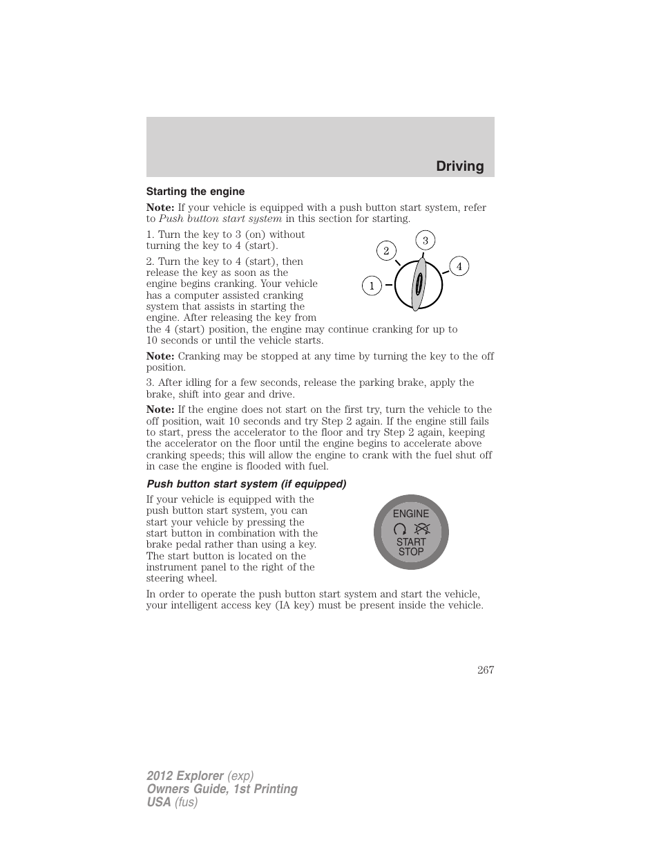 Starting the engine, Push button start system (if equipped), Driving | FORD 2012 Explorer v.1 User Manual | Page 267 / 439