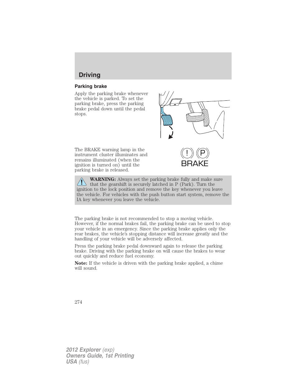 Parking brake, P! brake | FORD 2012 Explorer v.1 User Manual | Page 274 / 439