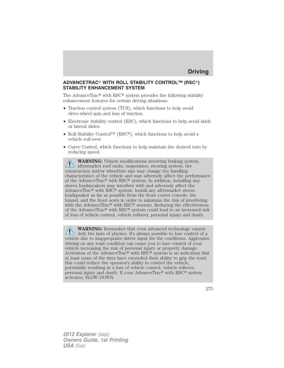 Advancetrac, Driving | FORD 2012 Explorer v.1 User Manual | Page 275 / 439