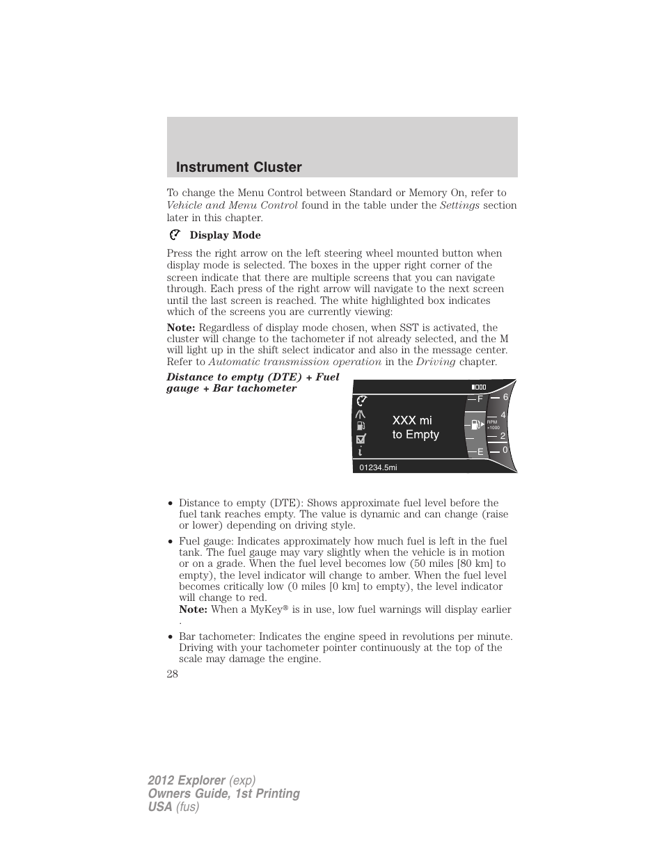 Instrument cluster | FORD 2012 Explorer v.1 User Manual | Page 28 / 439