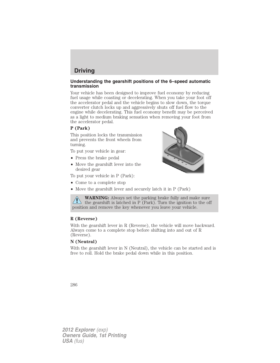 Driving | FORD 2012 Explorer v.1 User Manual | Page 286 / 439