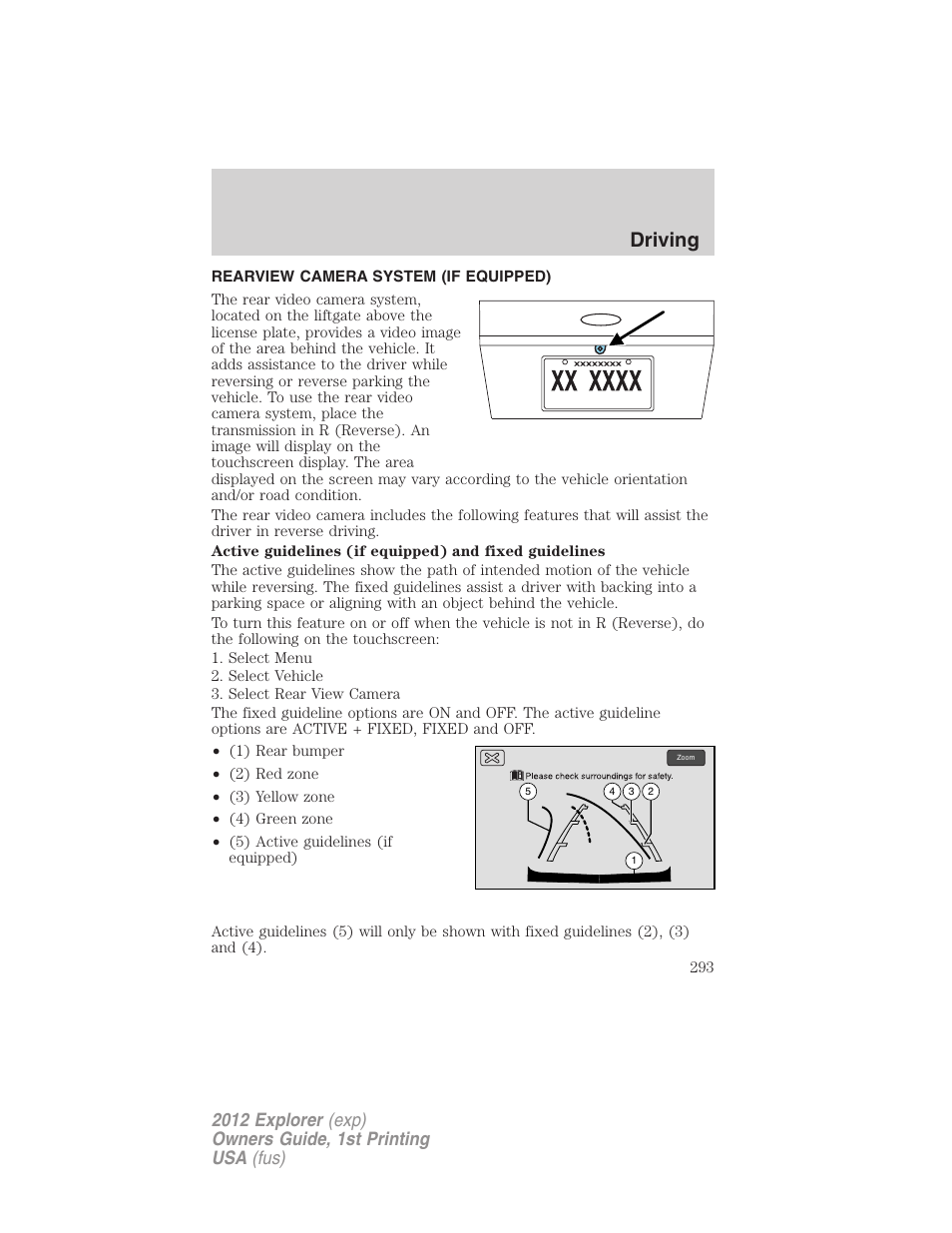 Rearview camera system (if equipped), Rear-view camera system, Driving | FORD 2012 Explorer v.1 User Manual | Page 293 / 439