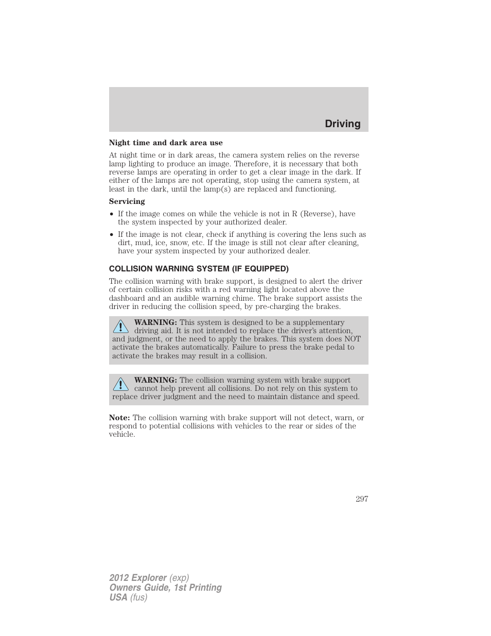 Collision warning system (if equipped), Driving | FORD 2012 Explorer v.1 User Manual | Page 297 / 439