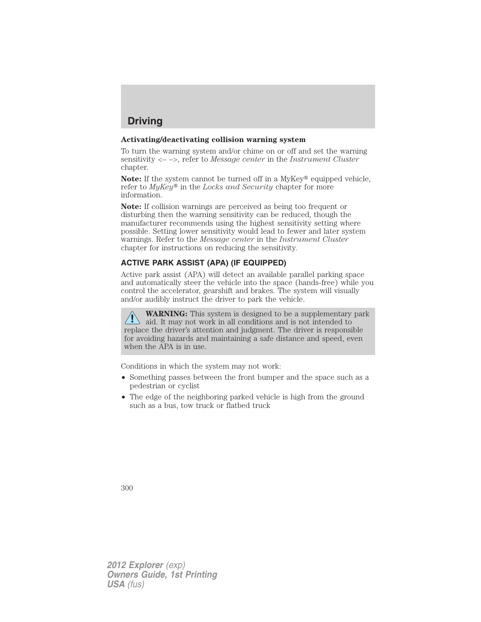 Active park assist (apa) (if equipped), Driving | FORD 2012 Explorer v.1 User Manual | Page 300 / 439
