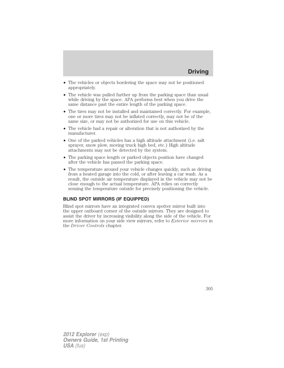 Blind spot mirrors (if equipped), Driving | FORD 2012 Explorer v.1 User Manual | Page 305 / 439