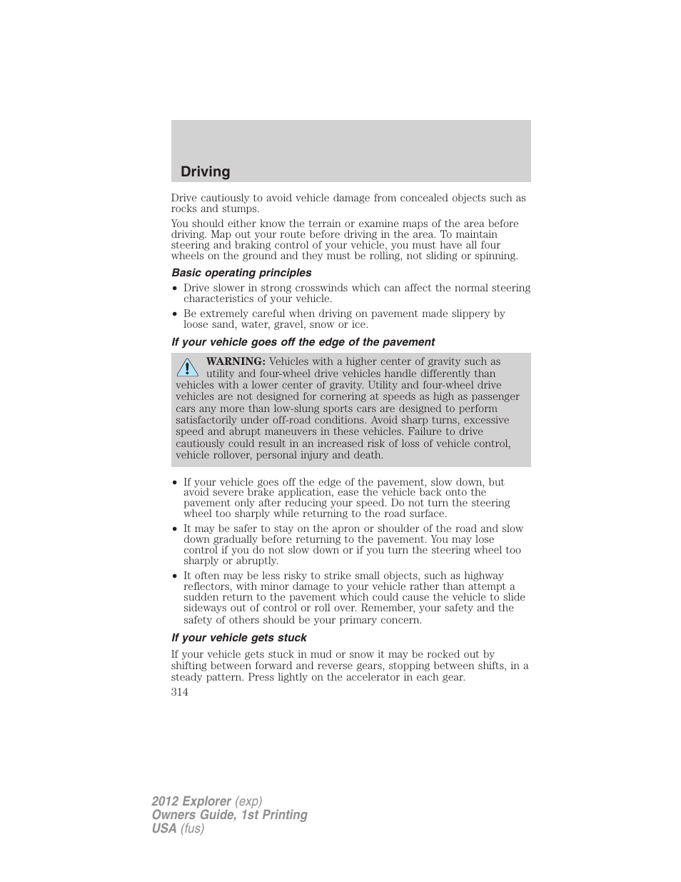 Basic operating principles, If your vehicle goes off the edge of the pavement, If your vehicle gets stuck | Driving | FORD 2012 Explorer v.1 User Manual | Page 314 / 439