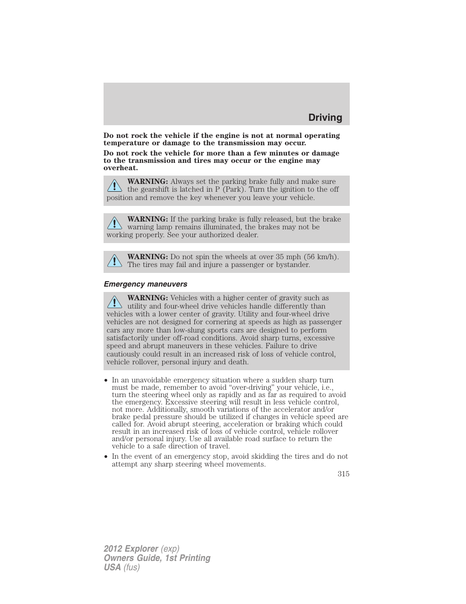 Emergency maneuvers, Driving | FORD 2012 Explorer v.1 User Manual | Page 315 / 439