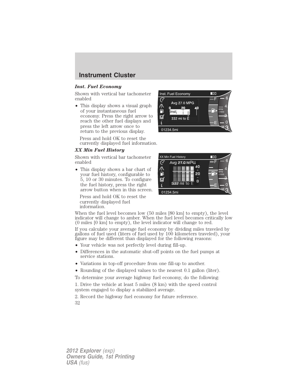 3instrument cluster | FORD 2012 Explorer v.1 User Manual | Page 32 / 439