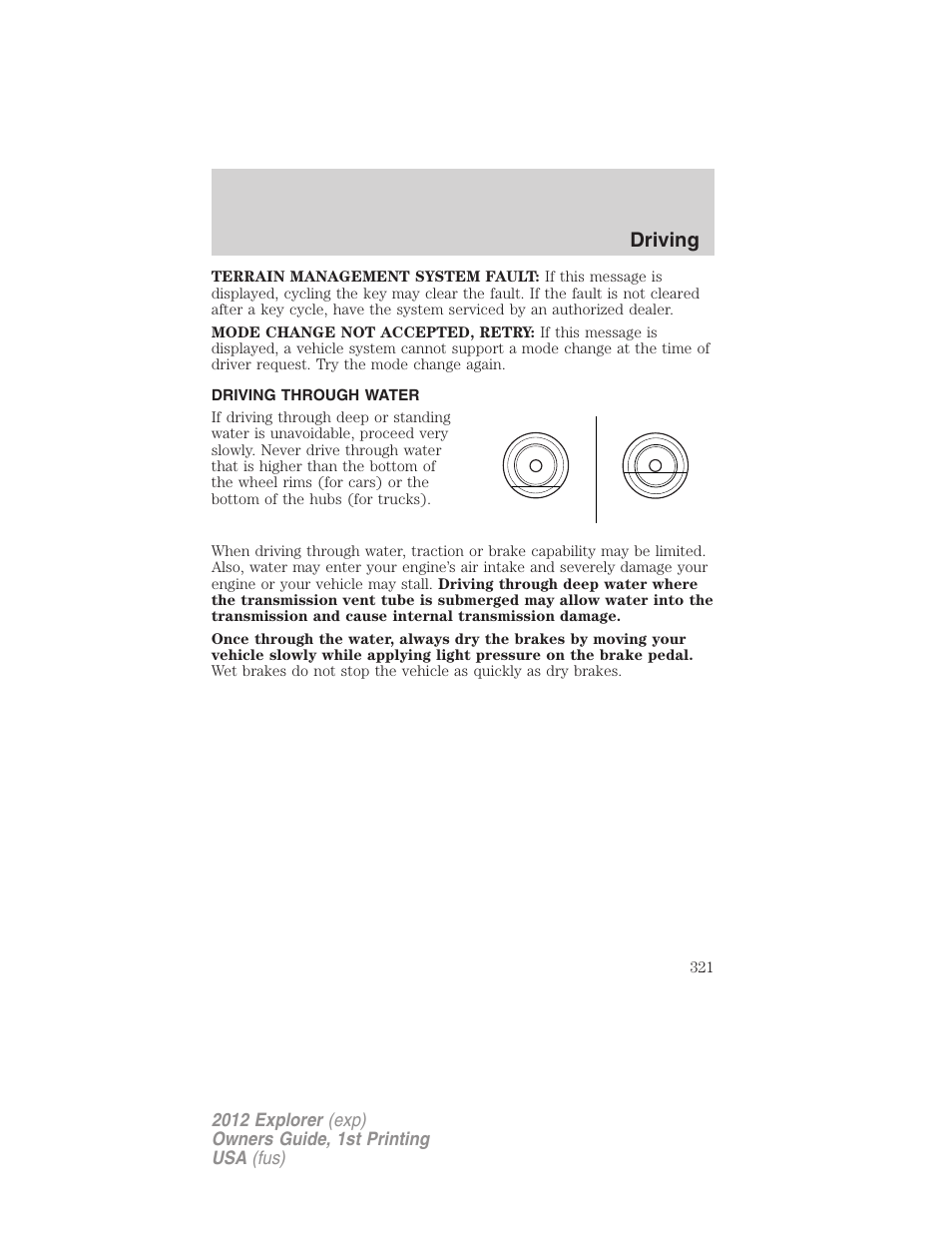 Driving through water, Driving | FORD 2012 Explorer v.1 User Manual | Page 321 / 439