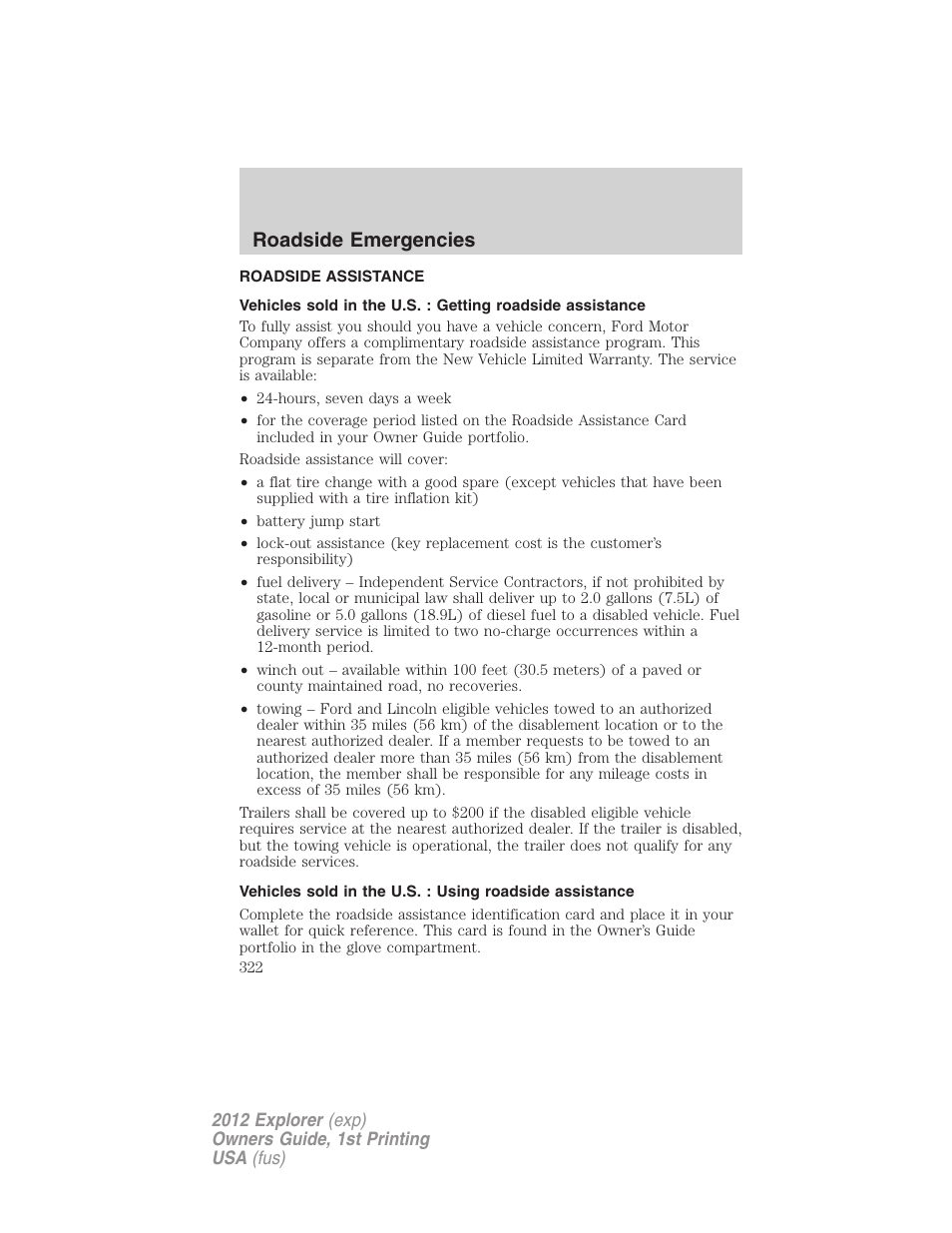 Roadside emergencies, Roadside assistance, Getting roadside assistance | FORD 2012 Explorer v.1 User Manual | Page 322 / 439