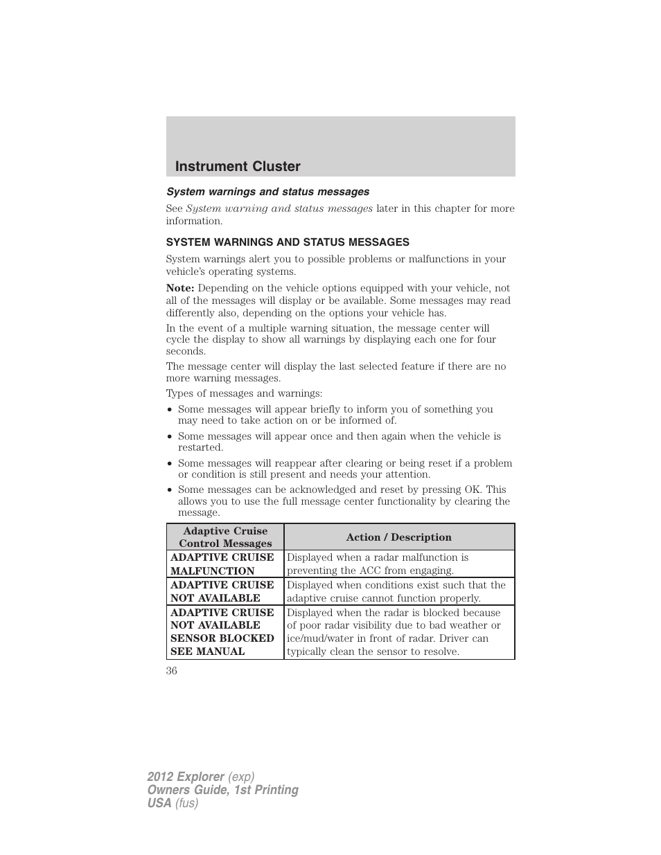 System warnings and status messages, Instrument cluster | FORD 2012 Explorer v.1 User Manual | Page 36 / 439