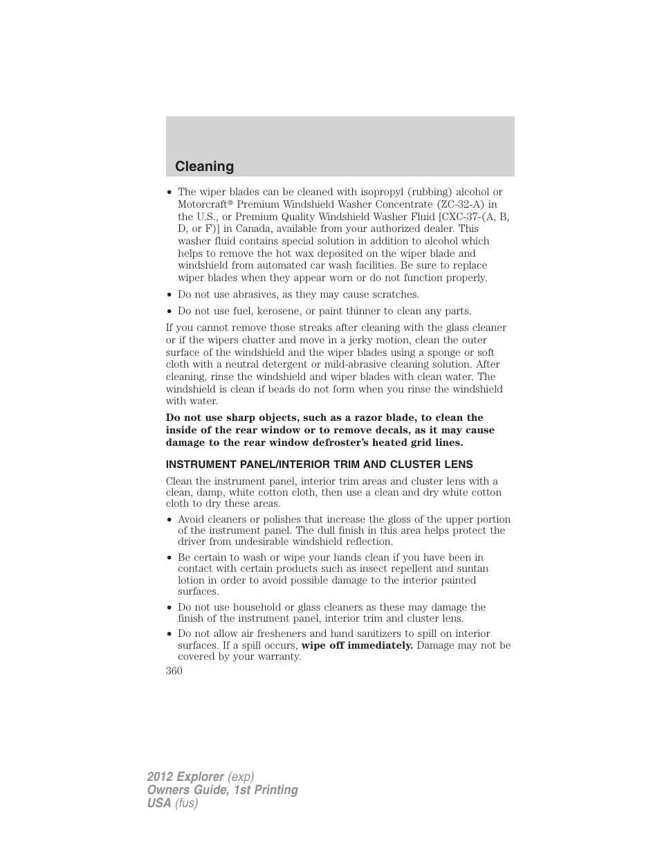 Instrument panel/interior trim and cluster lens, Cleaning | FORD 2012 Explorer v.1 User Manual | Page 360 / 439