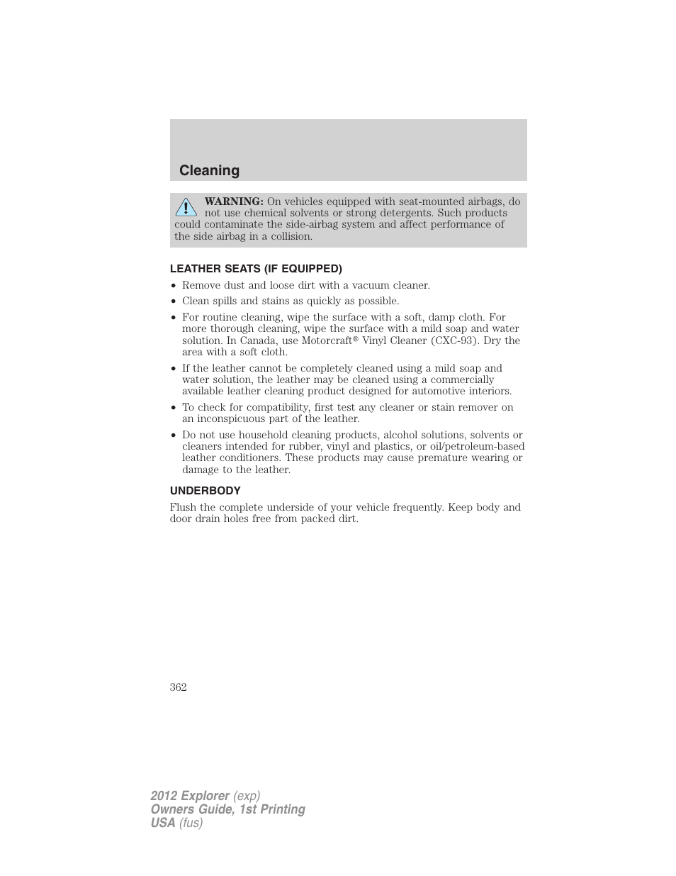 Leather seats (if equipped), Underbody, Cleaning | FORD 2012 Explorer v.1 User Manual | Page 362 / 439