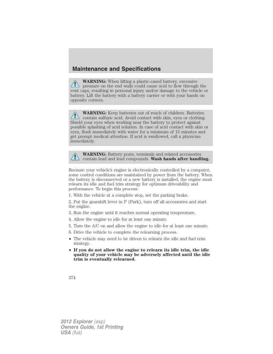 Maintenance and specifications | FORD 2012 Explorer v.1 User Manual | Page 374 / 439
