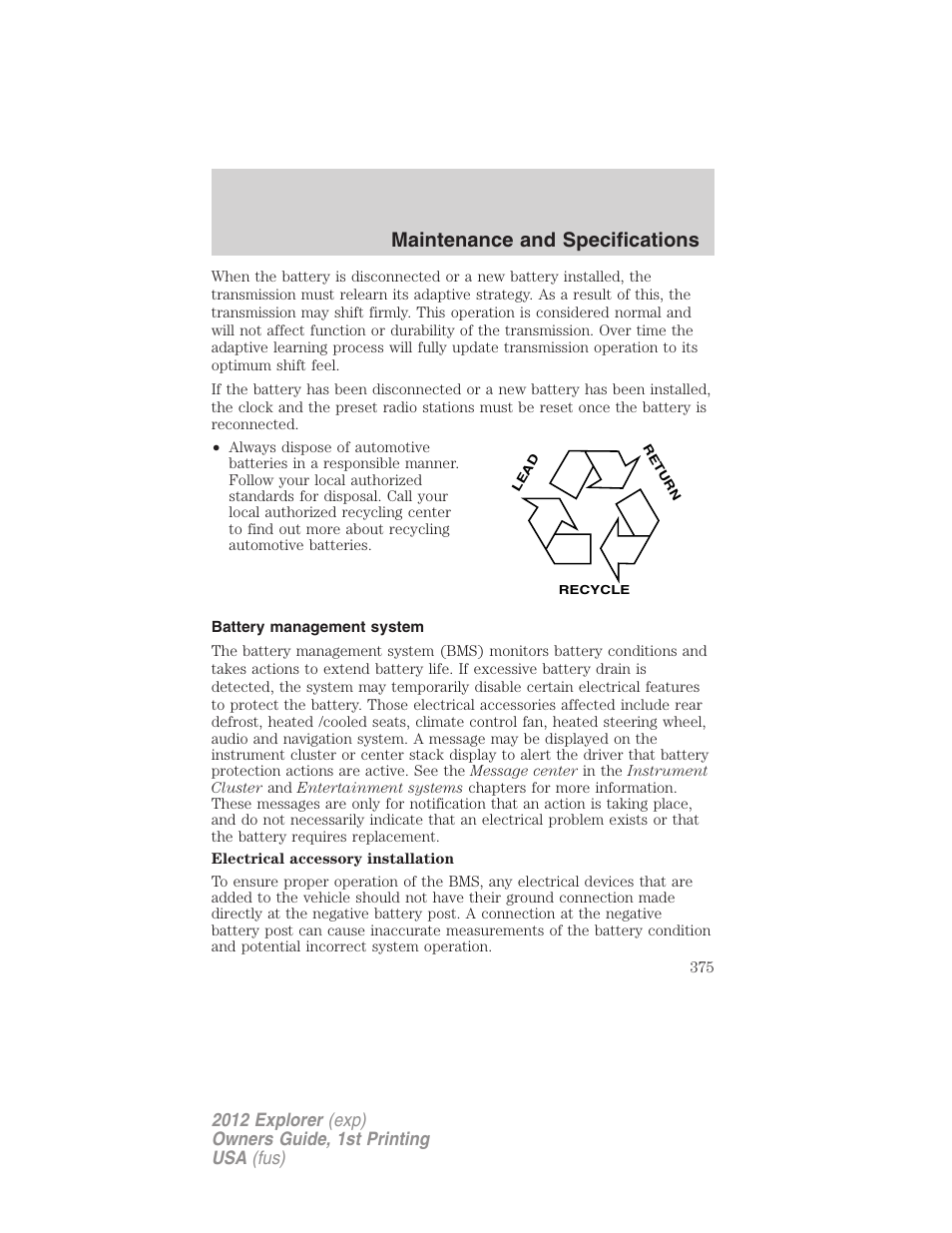 Battery management system, Maintenance and specifications | FORD 2012 Explorer v.1 User Manual | Page 375 / 439