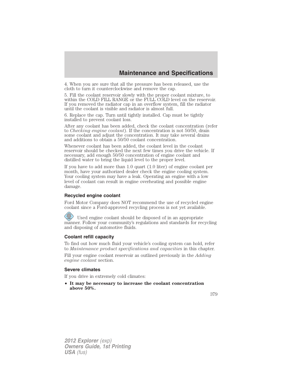 Recycled engine coolant, Coolant refill capacity, Severe climates | Maintenance and specifications | FORD 2012 Explorer v.1 User Manual | Page 379 / 439