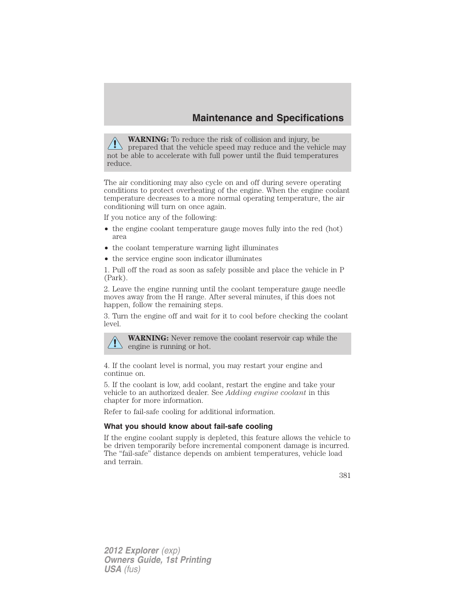 What you should know about fail-safe cooling, Maintenance and specifications | FORD 2012 Explorer v.1 User Manual | Page 381 / 439