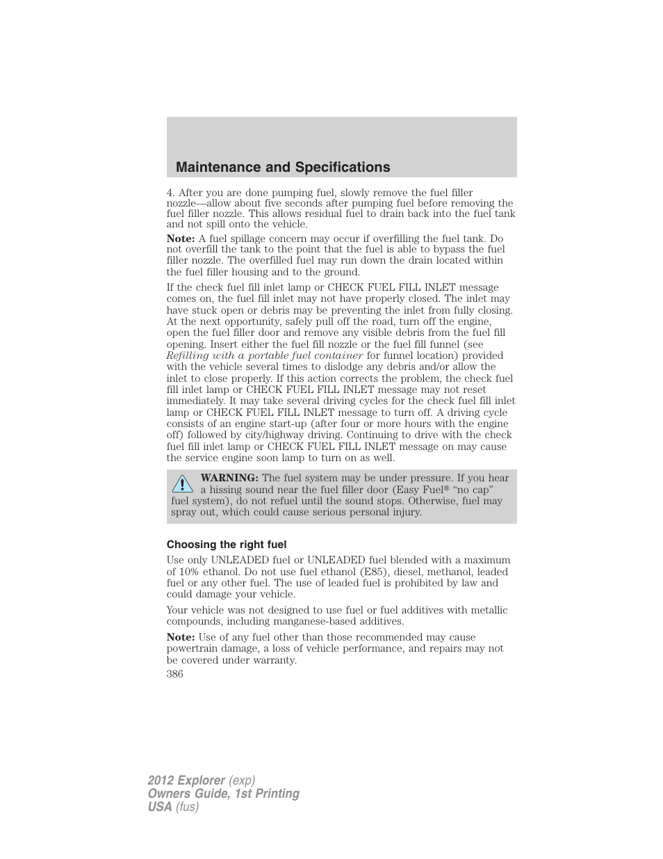 Choosing the right fuel, Maintenance and specifications | FORD 2012 Explorer v.1 User Manual | Page 386 / 439