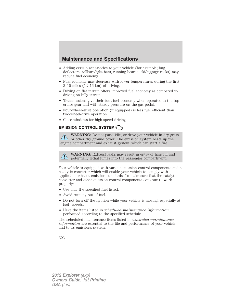 Emission control system, Maintenance and specifications | FORD 2012 Explorer v.1 User Manual | Page 392 / 439