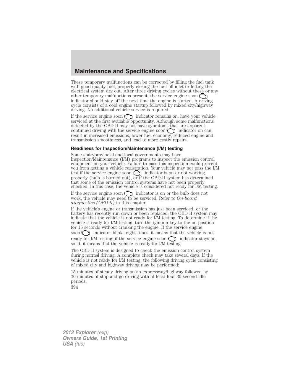 Readiness for inspection/maintenance (i/m) testing, Maintenance and specifications | FORD 2012 Explorer v.1 User Manual | Page 394 / 439