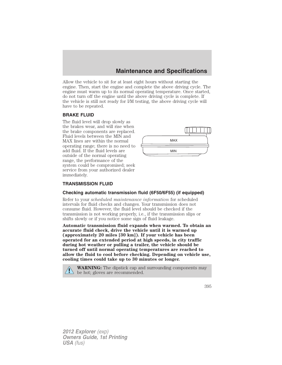 Brake fluid, Transmission fluid, Maintenance and specifications | FORD 2012 Explorer v.1 User Manual | Page 395 / 439