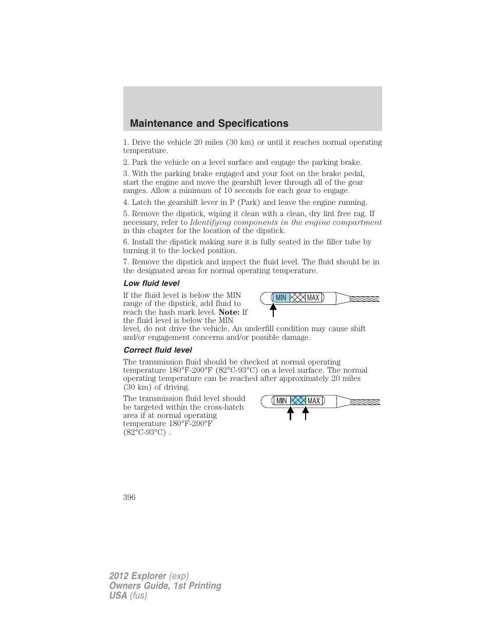 Low fluid level, Correct fluid level, Maintenance and specifications | FORD 2012 Explorer v.1 User Manual | Page 396 / 439