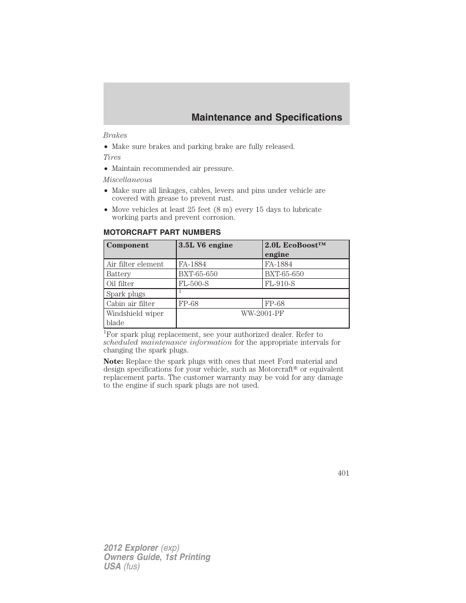 Motorcraft part numbers, Part numbers, Maintenance and specifications | FORD 2012 Explorer v.1 User Manual | Page 401 / 439