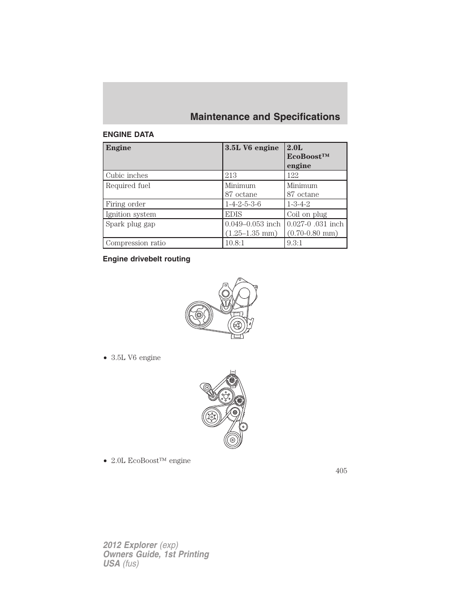 Engine data, Engine drivebelt routing, Maintenance and specifications | FORD 2012 Explorer v.1 User Manual | Page 405 / 439