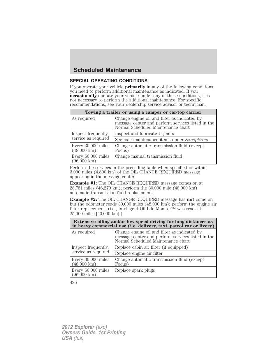 Special operating conditions, Scheduled maintenance | FORD 2012 Explorer v.1 User Manual | Page 426 / 439