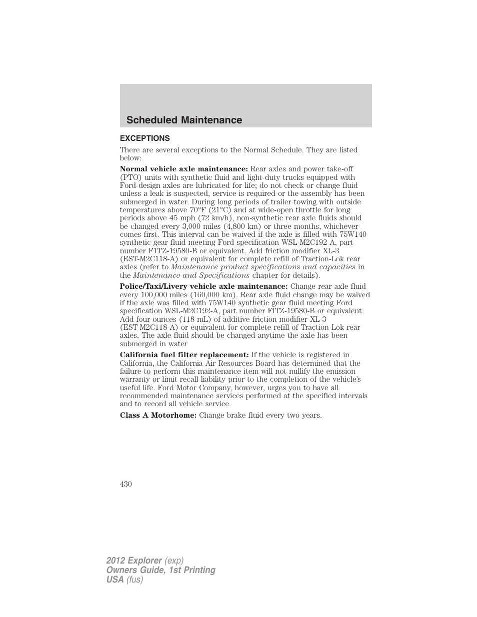 Exceptions, Scheduled maintenance | FORD 2012 Explorer v.1 User Manual | Page 430 / 439