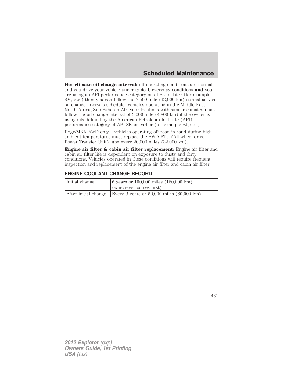 Engine coolant change record, Scheduled maintenance | FORD 2012 Explorer v.1 User Manual | Page 431 / 439