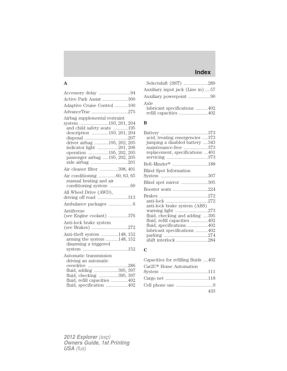 Index | FORD 2012 Explorer v.1 User Manual | Page 433 / 439