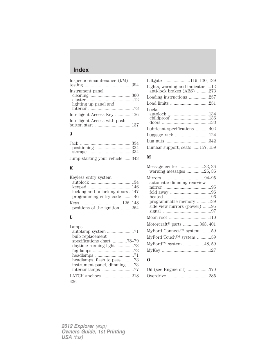 Index | FORD 2012 Explorer v.1 User Manual | Page 436 / 439