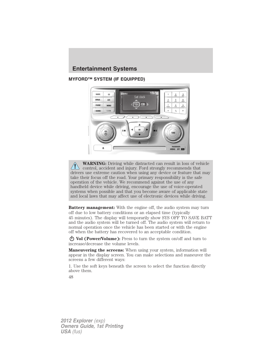 Entertainment systems, Myford™ system (if equipped), Myford™ system | FORD 2012 Explorer v.1 User Manual | Page 48 / 439