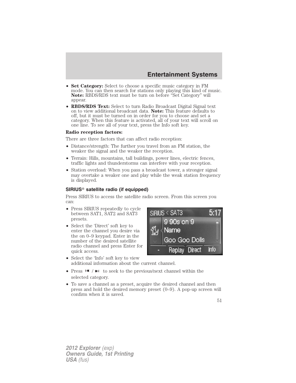 Sirius satellite radio (if equipped), Entertainment systems | FORD 2012 Explorer v.1 User Manual | Page 51 / 439